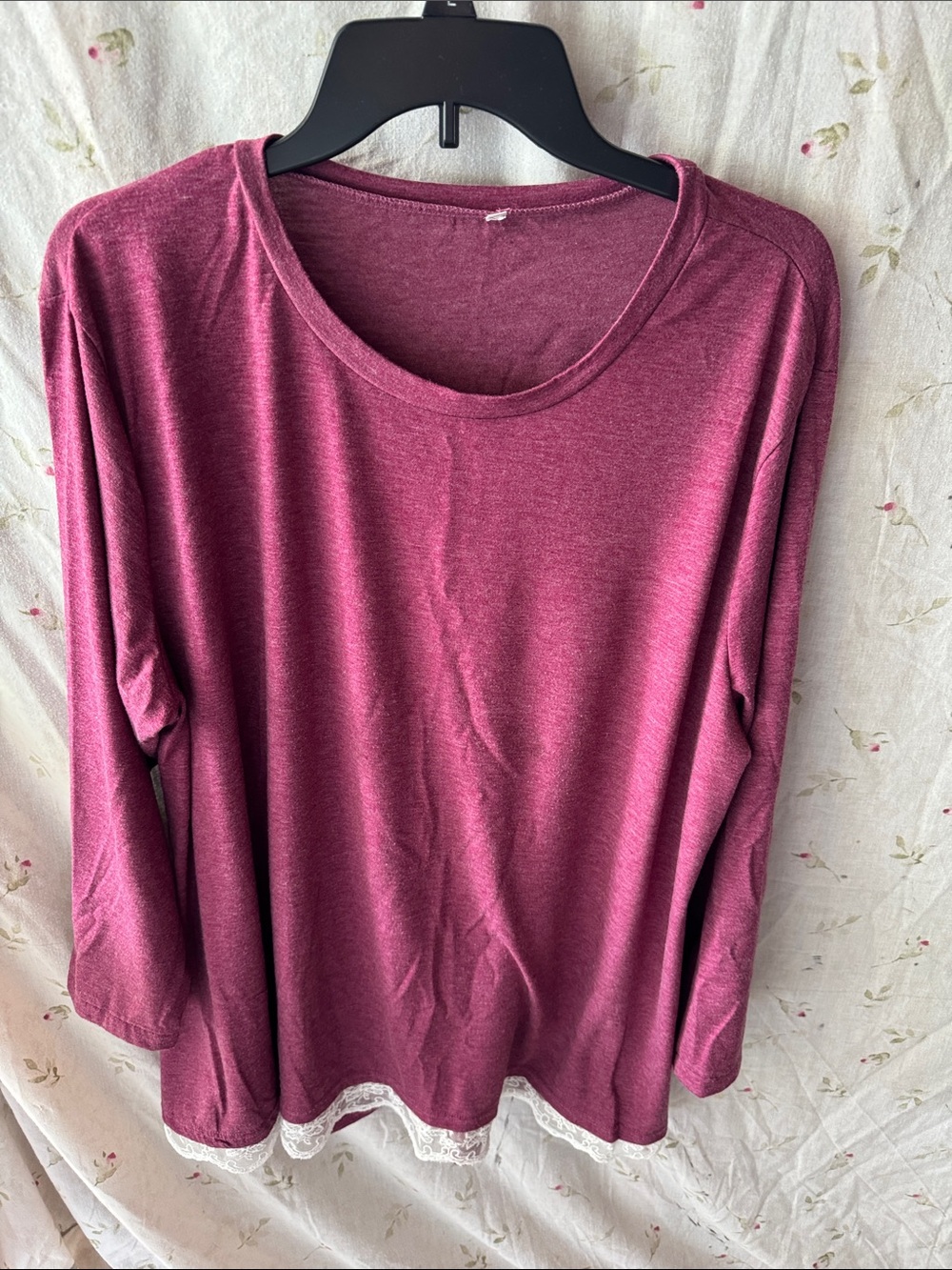 Amazon Long Sleeve Scoop Neck Top with Lace Hem - Berry Plum